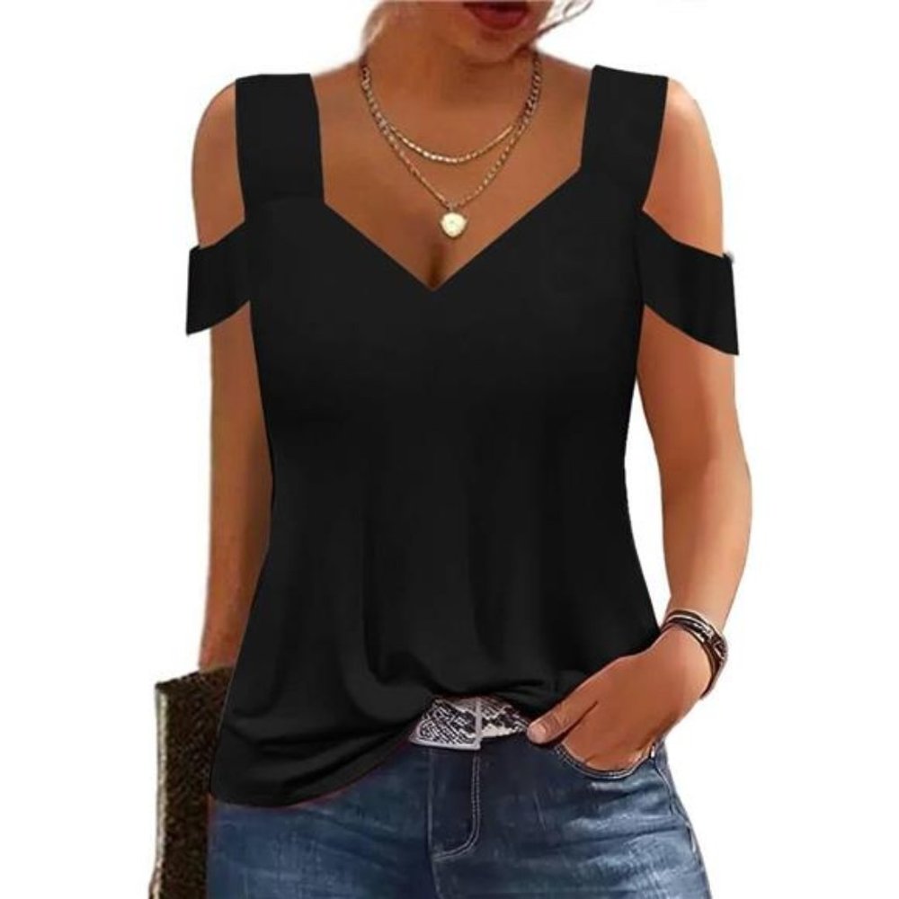 Tops Womens Tunic Top Short Sleeve Cold Shoulder V Neck Loose Fit Basic Tee